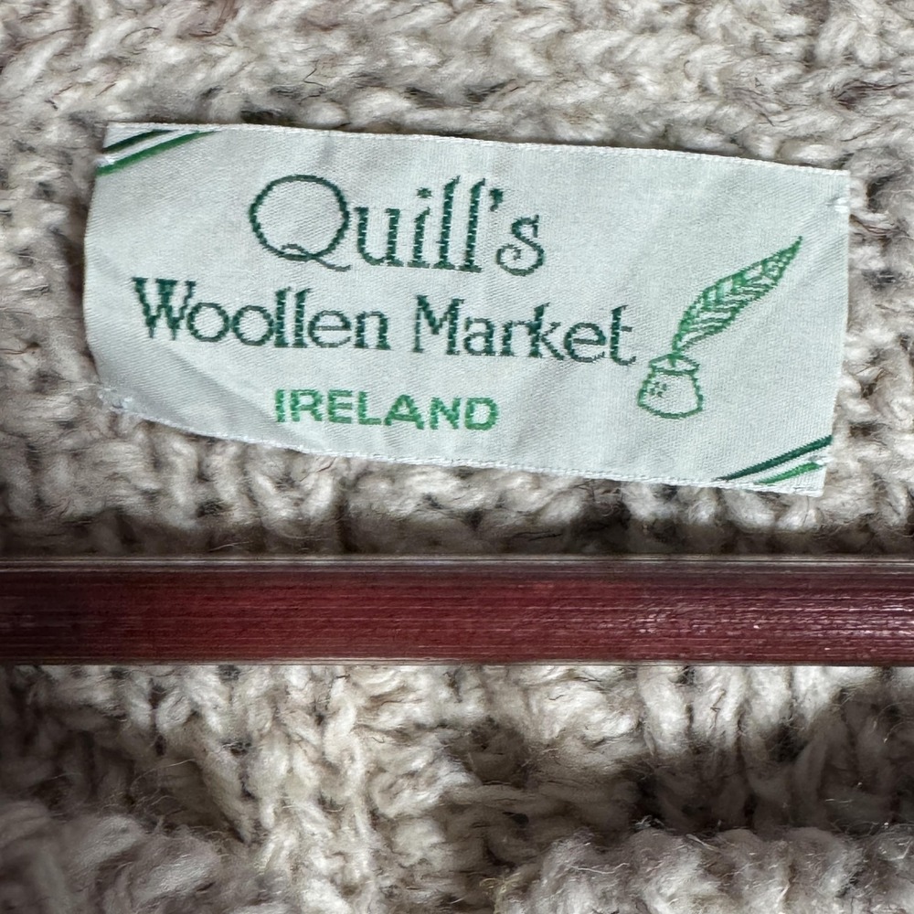 Quill's Woollen Market Sweater Womens L Beige Wool Cable Knit Cardigan Ireland* - Picture 5 of 10